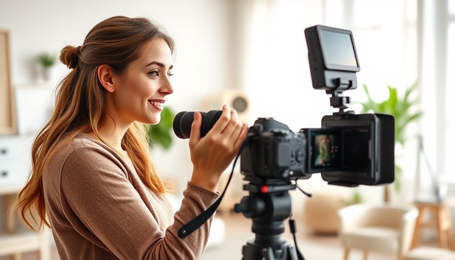 Woman filming makeup video, social media marketing focus.
