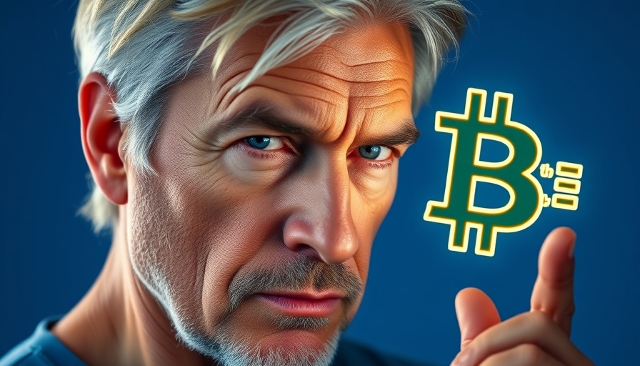 Bitcoin price prediction concept with focused mature man holding Bitcoin.