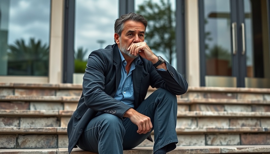 Concerned man pondering Bitcoin price impact on stone steps.