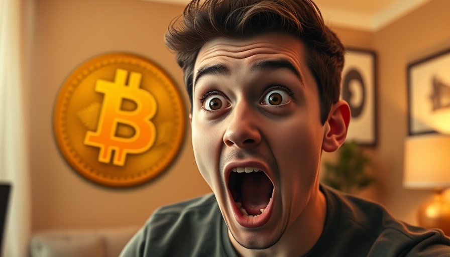Surprised reaction to Bitcoin price with cryptocurrency logos.