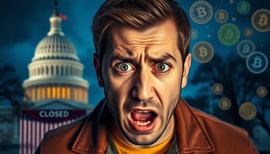 Anxious man reacting to government shutdown and cryptocurrency changes.