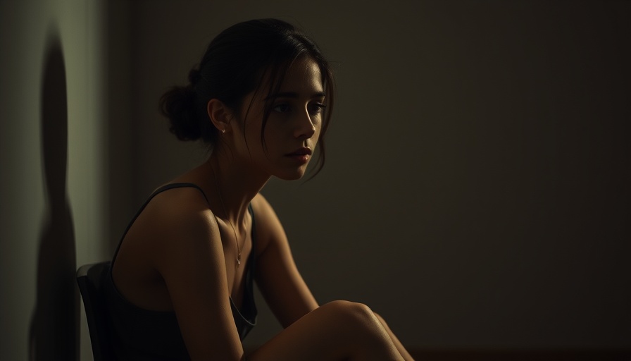 Young woman experiencing trauma impact, sitting alone, dimly lit room.