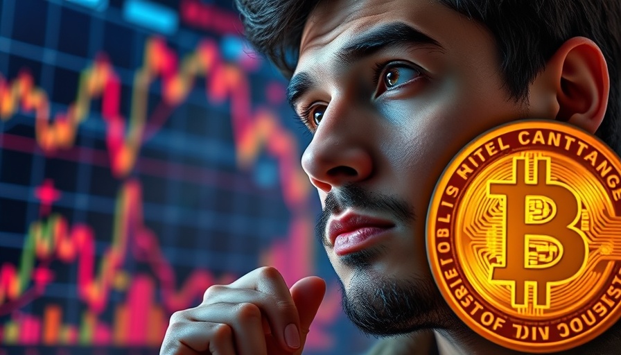 Thoughtful man with Bitcoin logo, cryptocurrency trends analysis.