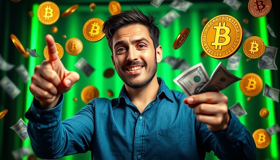 Crypto Projects Revenue concept with man and floating tokens.