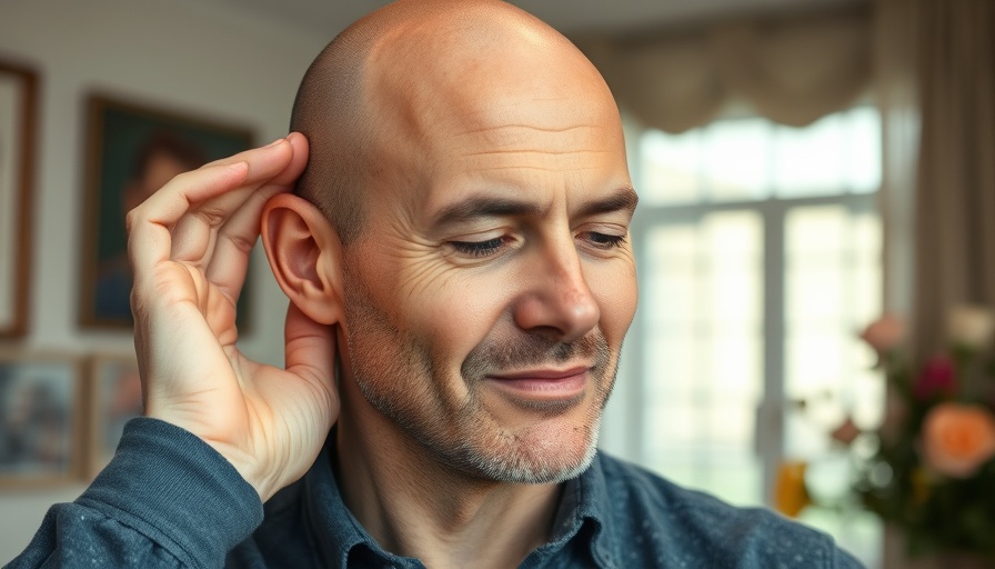 Bald man showing ear trick that calms you in seconds indoors.