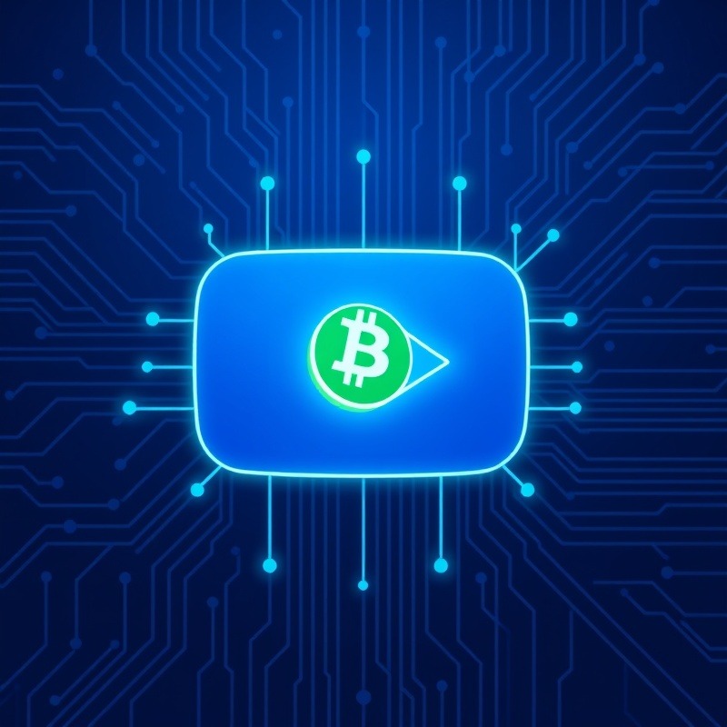 Modern CryptoTube News icon blending play button and blockchain node in electric blue and neon green.