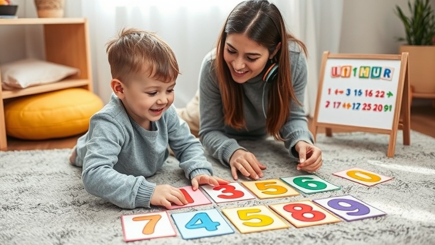 Supportive adult and autistic child using visual aids for effective math learning.