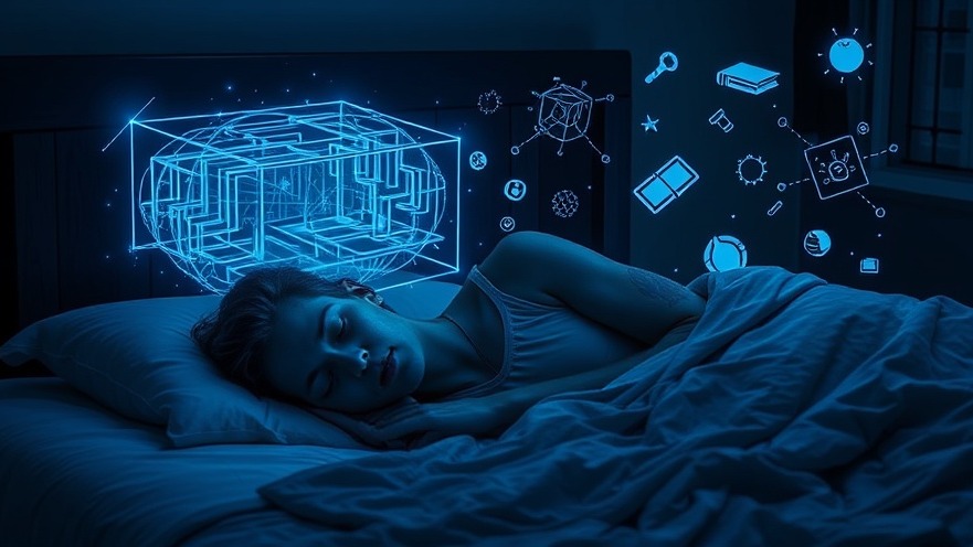 Surreal scene of sleep and memory processing during REM sleep with neurons and dream icons.