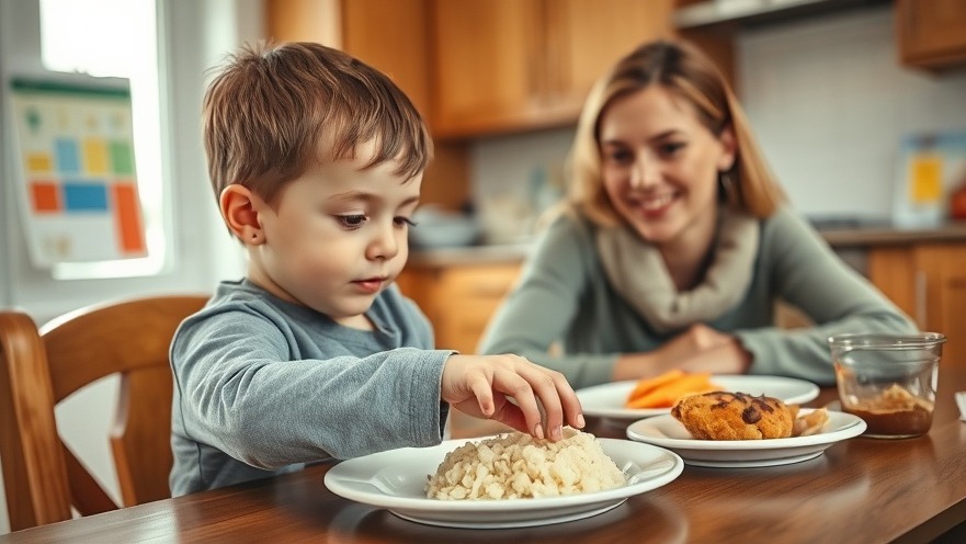 Young autistic child at family table, cautiously exploring new food with caregiver support.