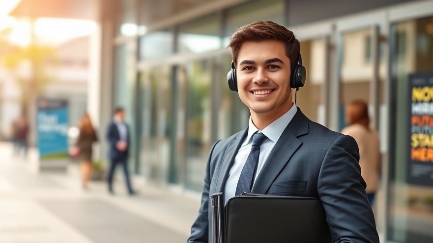 Young autistic man in a suit stands confidently outside an office, ready for employment.