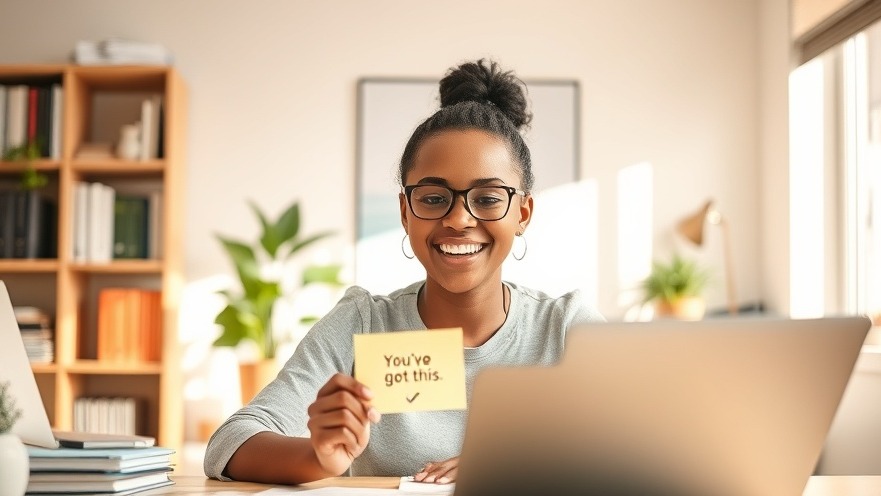 Bright workspace with motivation tips for job hunting, featuring a cheerful sticky note.
