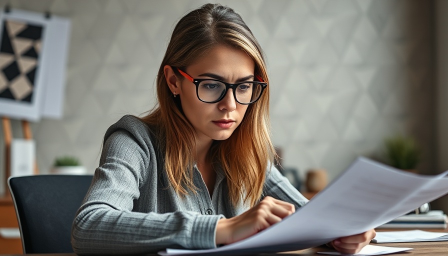 Woman with glasses examining papers in modern office