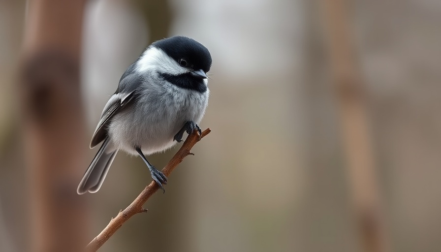 Curious black-capped chickadee nibbling on a branch in a forest.