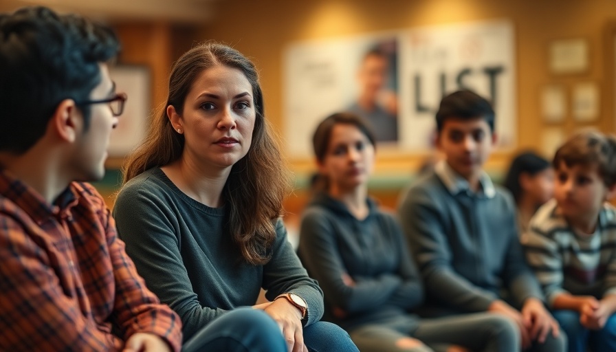 Understanding autism: woman discusses with thoughtful family.