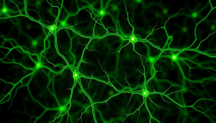 Fluorescing green neural network illustrating spatial learning circuitry.