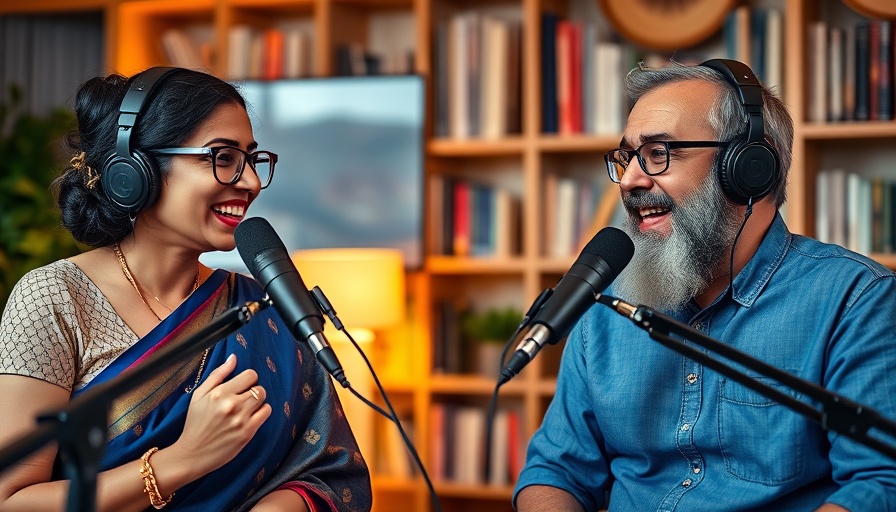 Podcast hosts discussing autism success stories, vibrant studio setting.