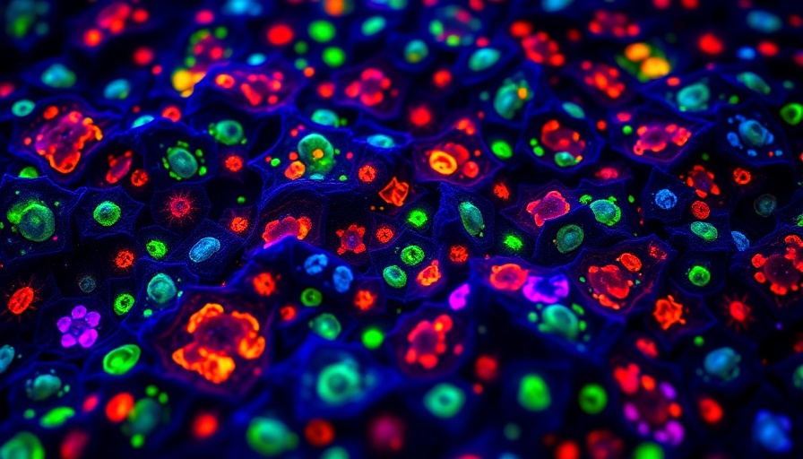 Colorful neural progenitor cells in fluorescent microscopy.