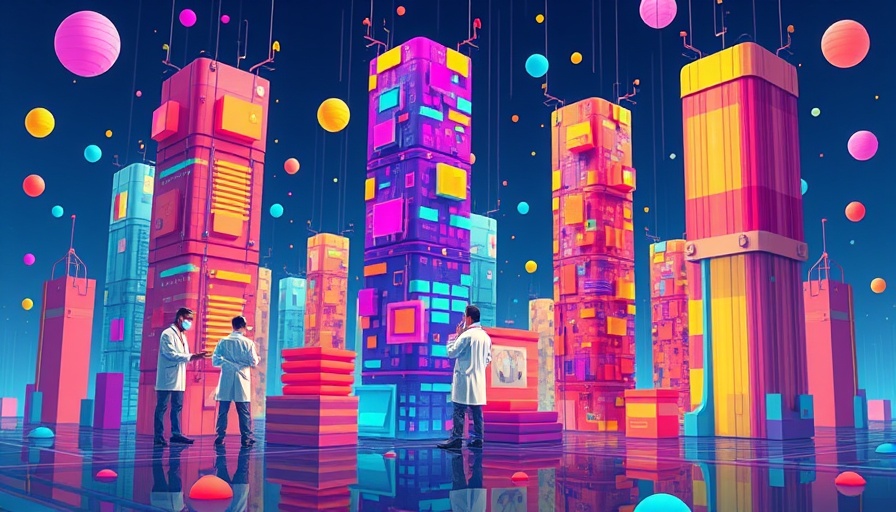 Abstract art of scientists with colorful data cylinders, Open Data in Neuroscience.