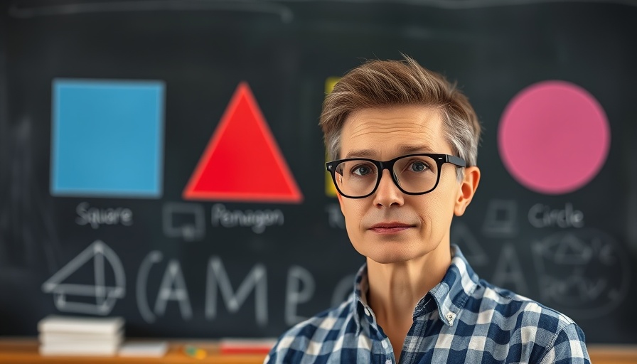 Teaching shapes to autistic kids using colorful geometric icons on chalkboard.
