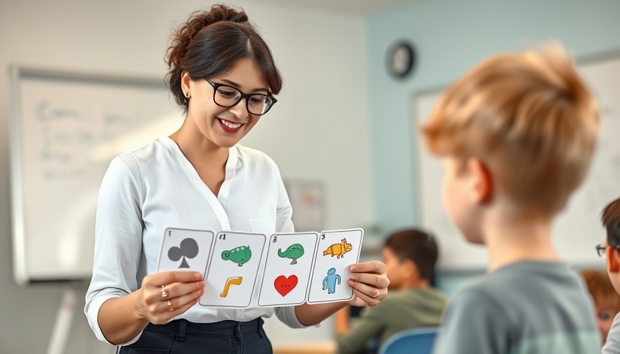 Educator demonstrating sound blending with flashcards for autistic kids.
