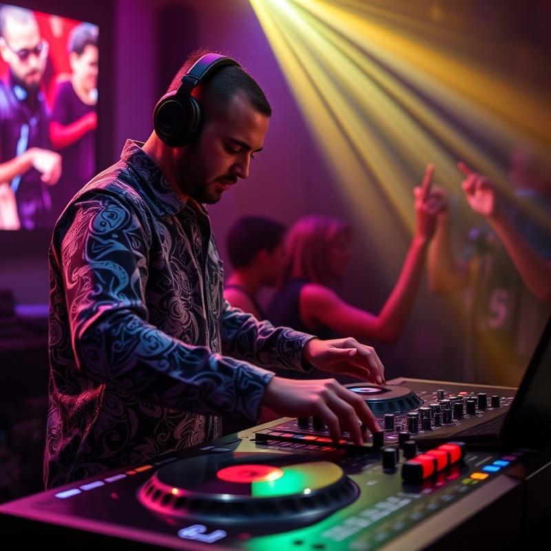 Energetic dance DJ performing at a vibrant nightlife event.