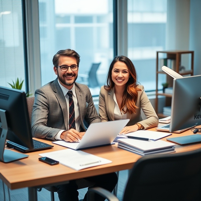 Happy accountant at a successful desk, showcasing financial achievements.