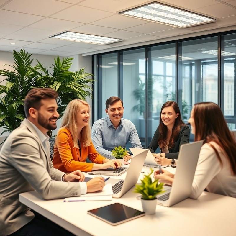 Bright consulting office filled with happy people collaborating.