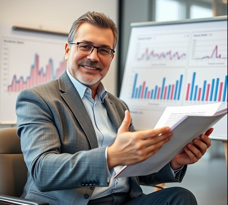 Sophisticated IRA planning by a confident financial advisor in a modern office.