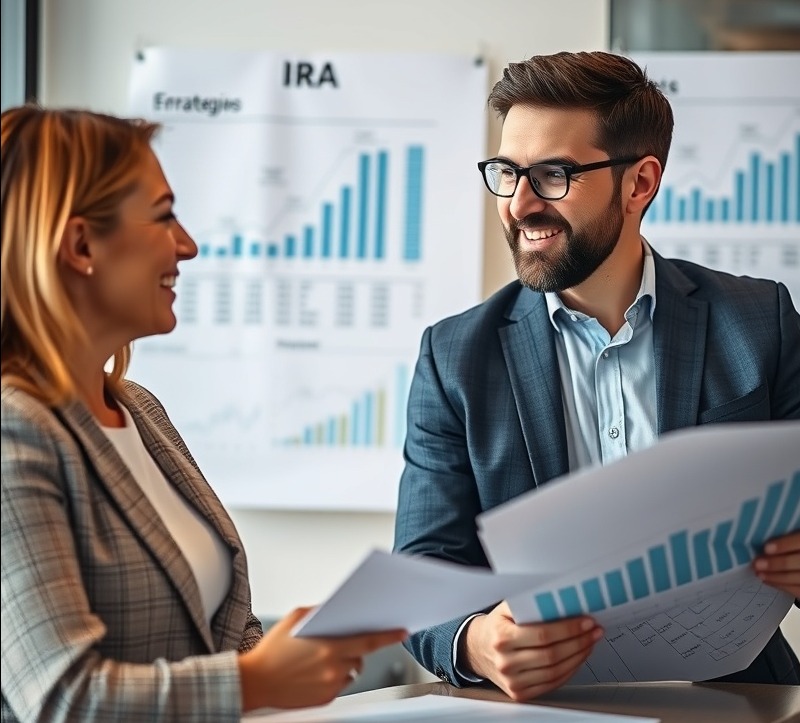 Confident financial advisor explaining sophisticated IRA planning in a modern office.