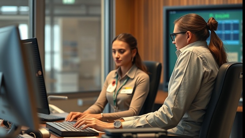 Realistic photorealistic payroll office with people working diligently.