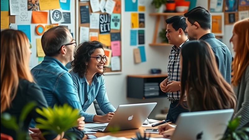 Team brainstorming innovative employee benefits in a bright, creative workspace.