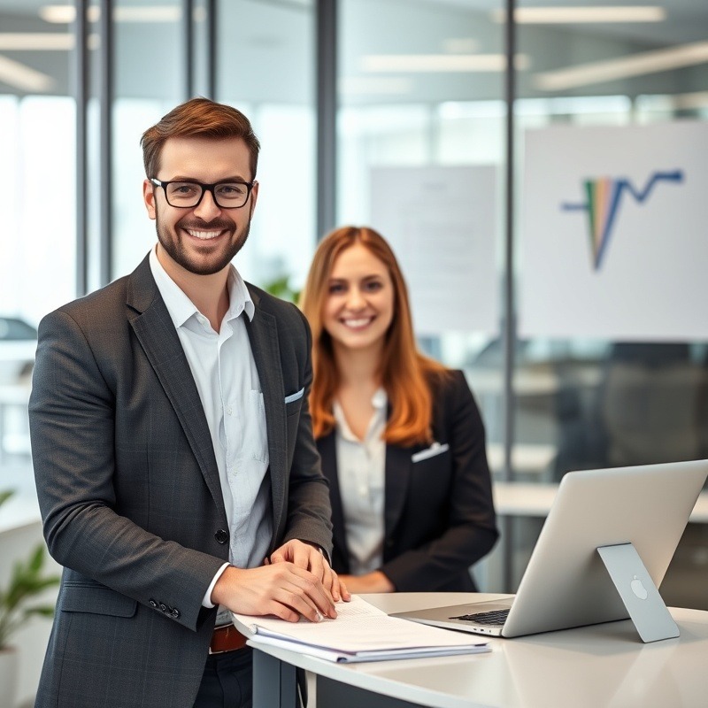 Happy compliance specialist tax accountant smiling at work.