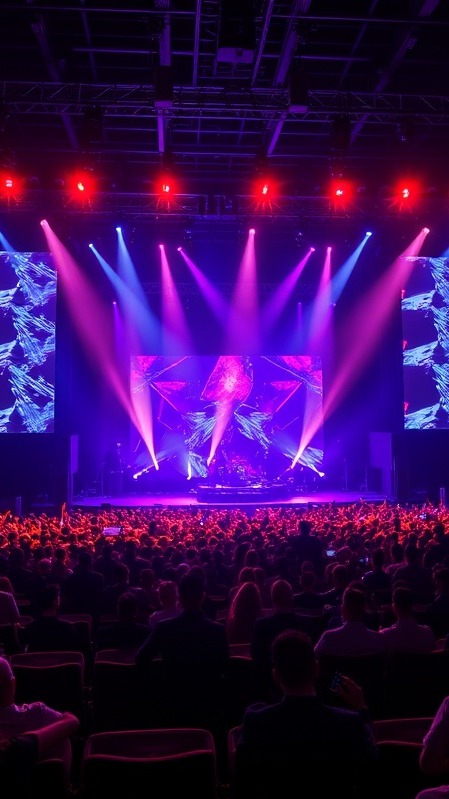 RCF line array speakers at a vibrant live concert venue
