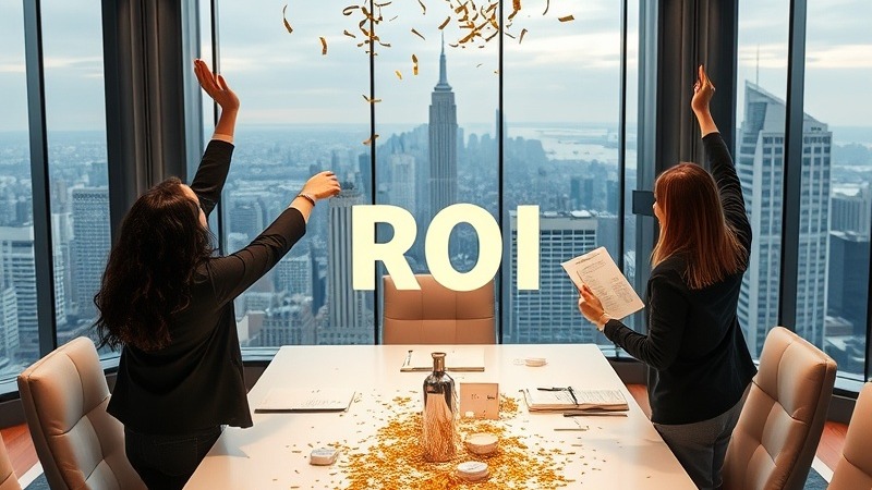 Celebratory scene of accelerated investment success with ROI results in an elegant conference room