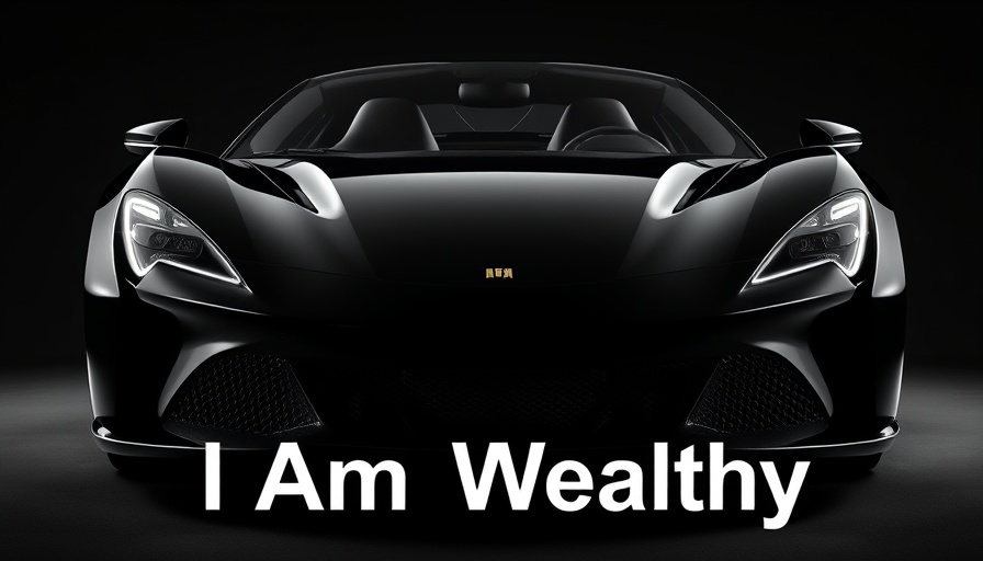 Luxury sports car with 'I Am Wealthy' text, monochrome style, Daily Affirmations for Financial Success.