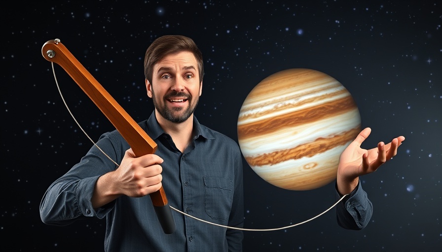 Gravity assist space exploration concept with presenter and Jupiter.