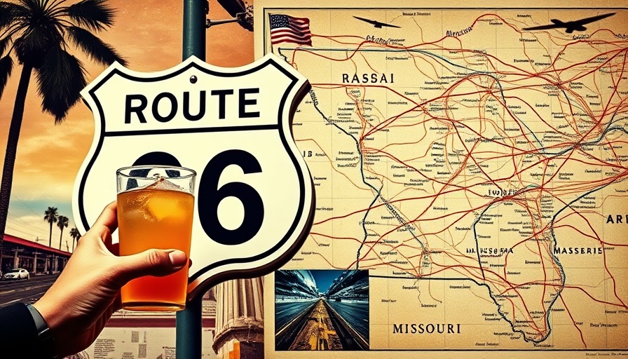 Route 66 in Missouri travel collage with map and Route 66 sign.