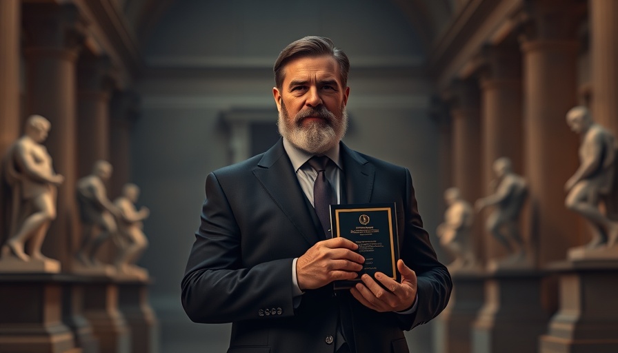Distinguished man proud in dim museum, holding award, László Krasznahorkai Nobel Prize Literature.