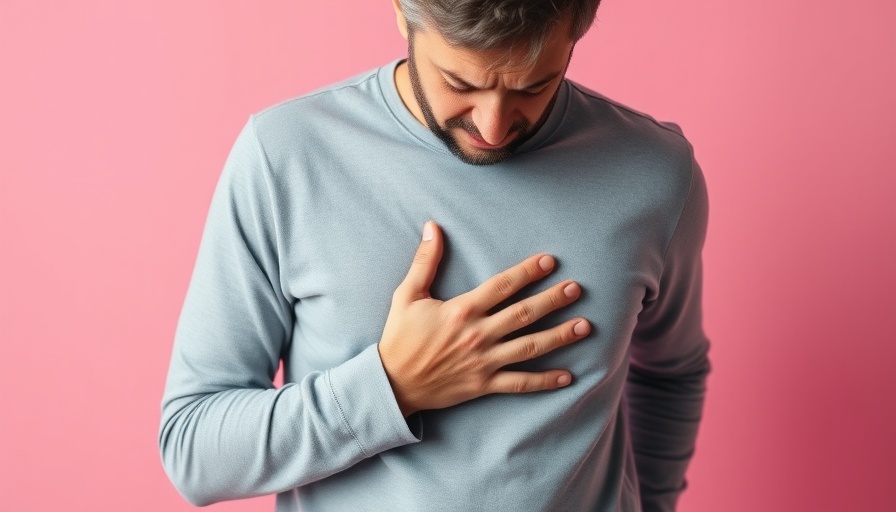 Concerned man holding chest, Preventing heart disease.