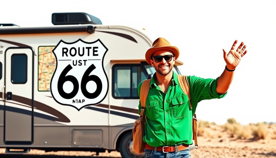 RV Travel - Enthusiastic traveler waves goodbye near RV on Route 66 map.