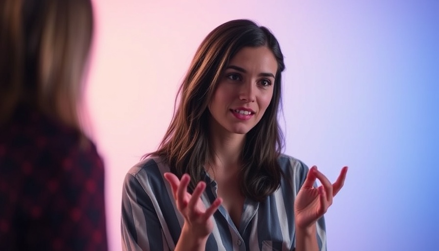 Confident young woman discussing healthy snack ideas in a studio setting.