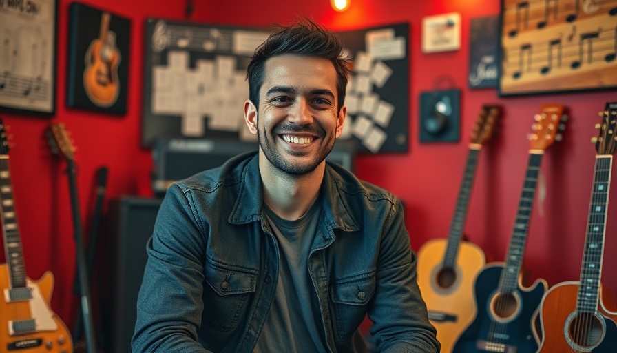 Casual man in music studio, RV Travel theme.