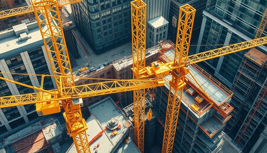 Aerial view of construction site with yellow cranes in Orlando.