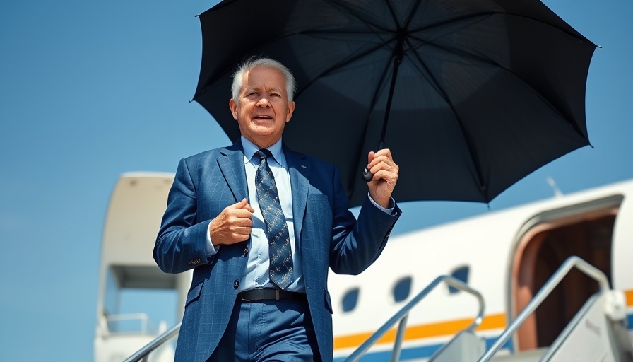 Man with umbrella exiting airplane, blue sky background