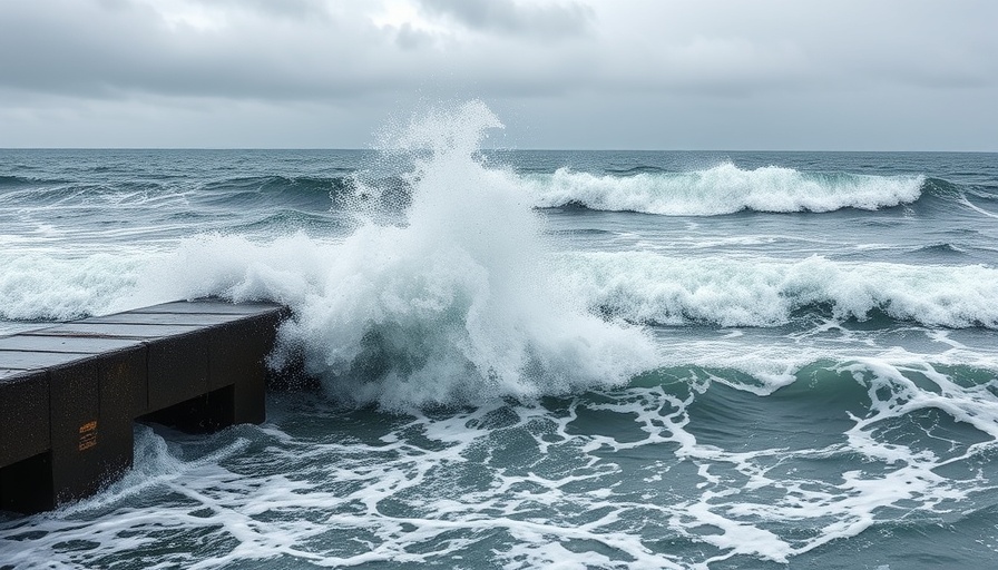 Ponce Inlet Jetty Storm Damage with crashing waves and grey sky.