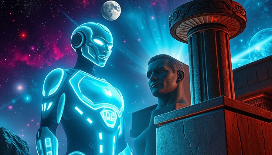 Futuristic humanoid and stone statue representing change in time, change your future and past.