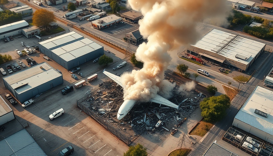 Texas Plane Crash site with smoke and vehicles.