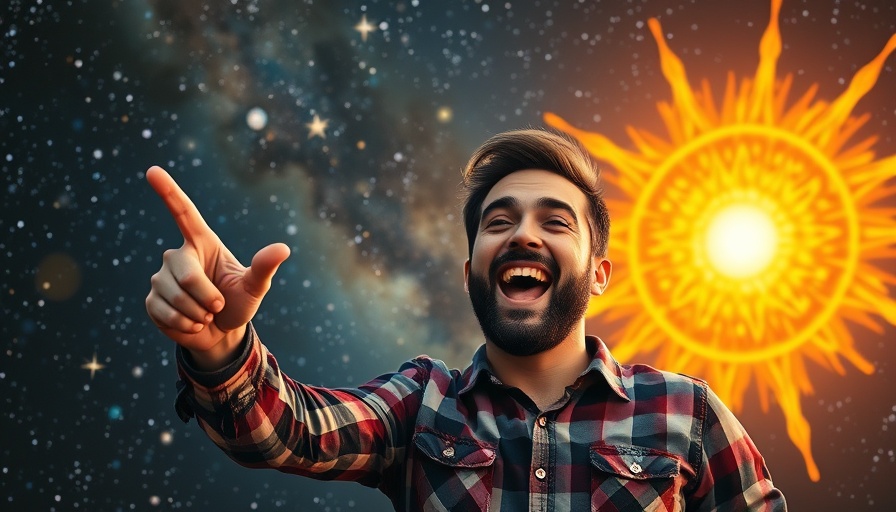 Enthusiastic man pointing at a sun with cosmic background.