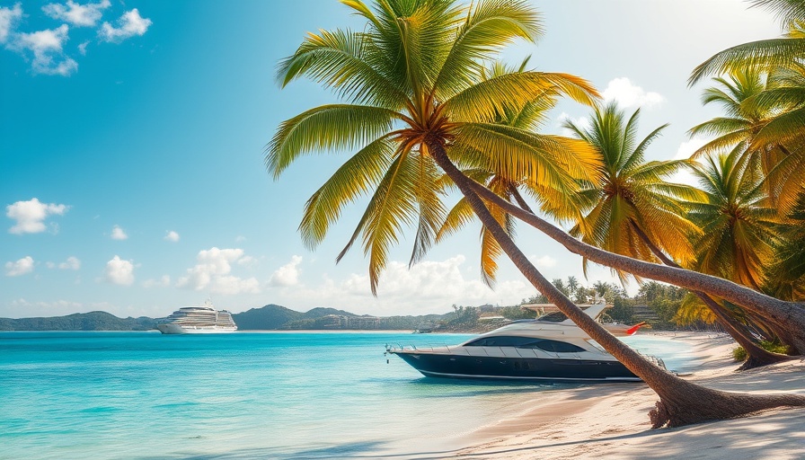 Scenic tropical beach with palm trees and yacht.