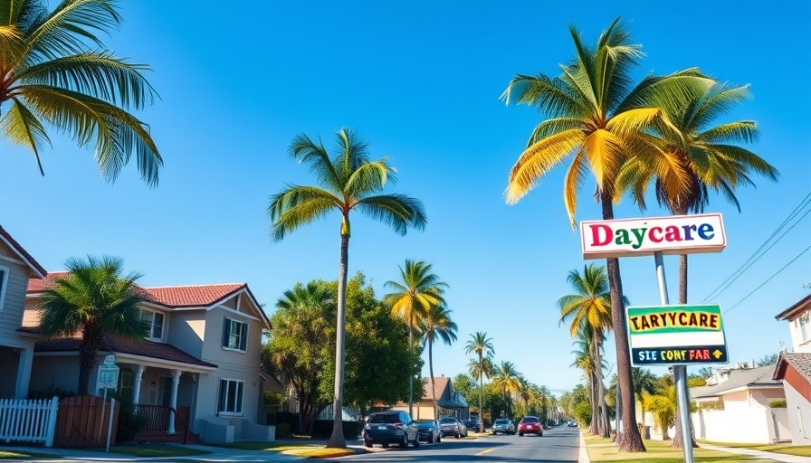Sunny Orlando street with palm trees and daycare sign, Orlando News.